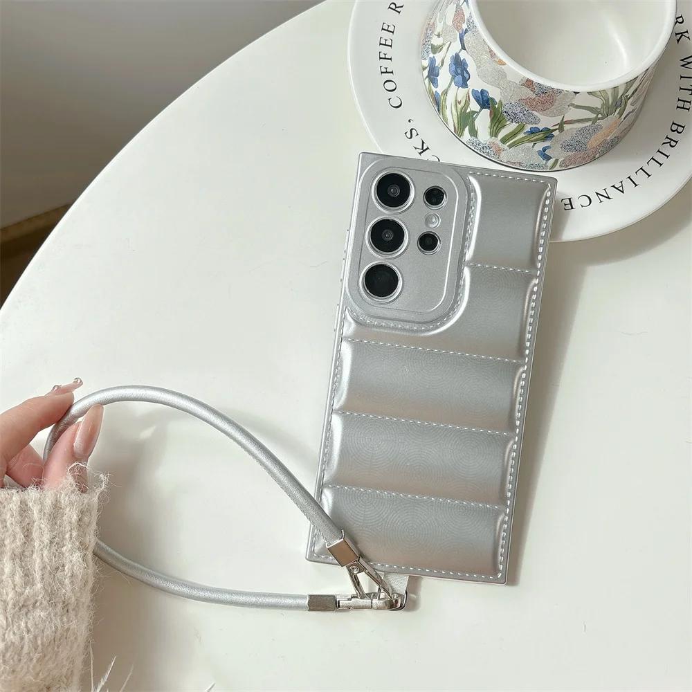 Down Jacket Style Wrist Strap Case For Samsung S25 Ultra S24 S23 S21 S20 FE S22 Plus + Note 20 A56 A55 A35 A26 A15 5G A06 A05S