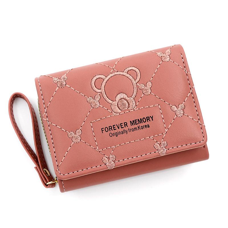 Cartoon Embroidered Pu Wallet For Women With Multiple Card Slots And Zipper Closure
