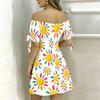 Women Plus Size White Off Shoulder Short Sleeve Floral Printed A Line Dress With Tie Cuff