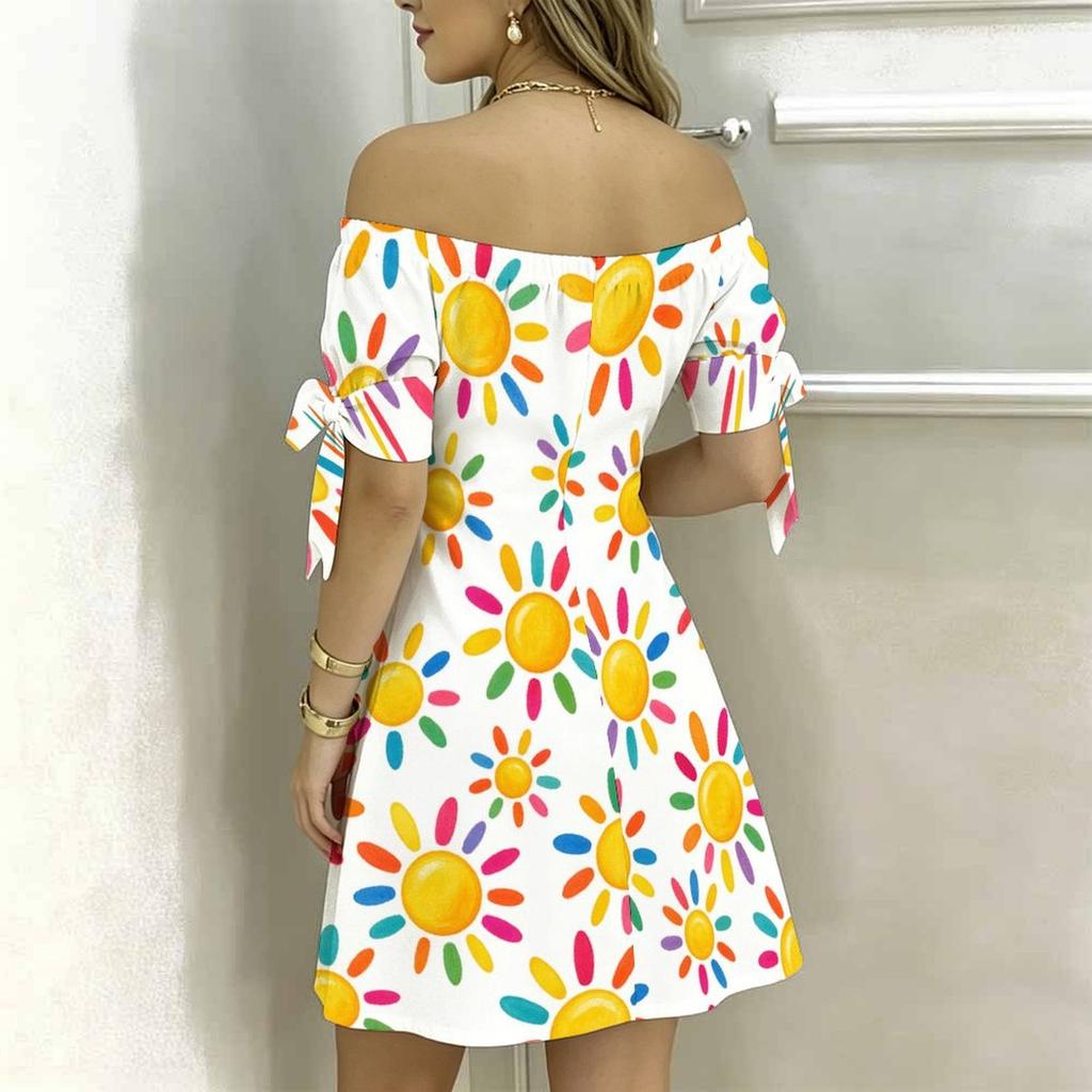 Women Plus Size White Off Shoulder Short Sleeve Floral Printed A Line Dress With Tie Cuff