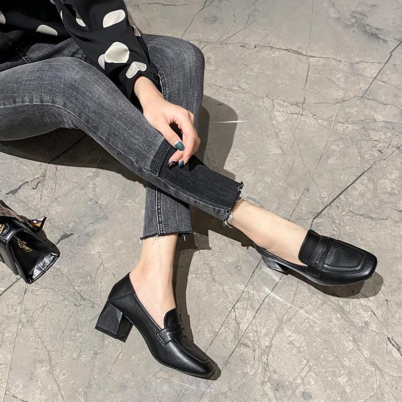 

Leather flat for Huizhou women s shoes Su Yinyin same single shoes women s thick heel spring new Korean version high heels 34 чёрный
