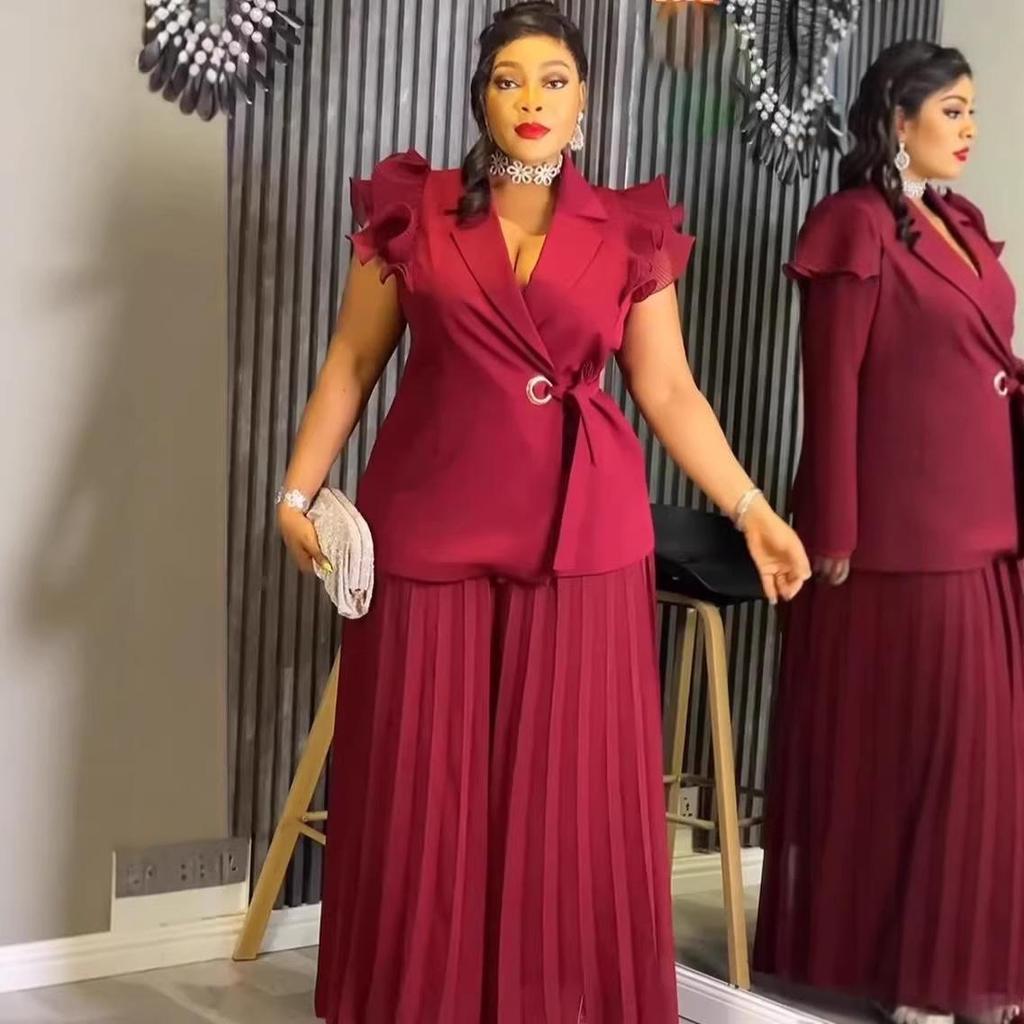 Curvy Women's Wine Red Ruffle Sleeve Suit: Waist-Cinched Slimming Pleated Wide-Leg Pants Set