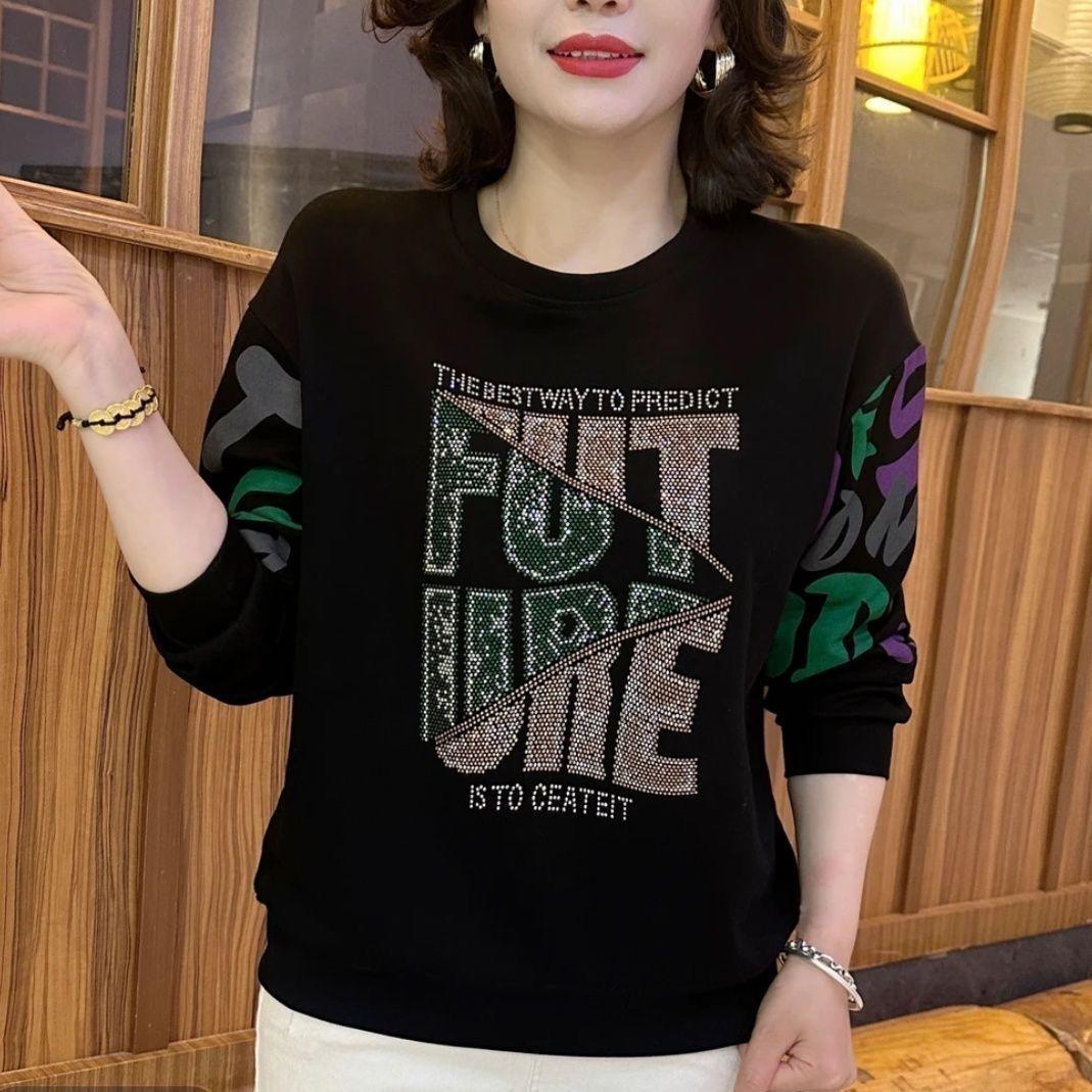 

New Spring & Autumn Round Neck Slimming Sweatshirt with Hot Drill Design - Versatile Long Sleeve Fashion Top L