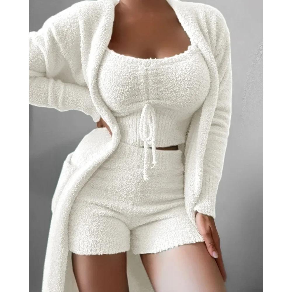 Nová Podzimní Zimní Dámská Sametová Pyžamová Souprava Crop Top+Dlouhé Kalhoty+Župan 3dílný Oblek Teplé Měkké Fleecové Domácí Oblečení Pyžamo S-3XL