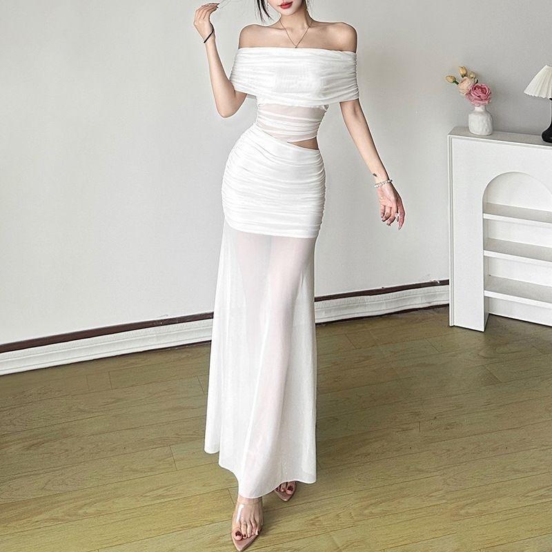European and American Spring New Women's Clothing, Elegant Strapless Off-shoulder with Off-neck Pleated High-waisted Body-hugging Dress