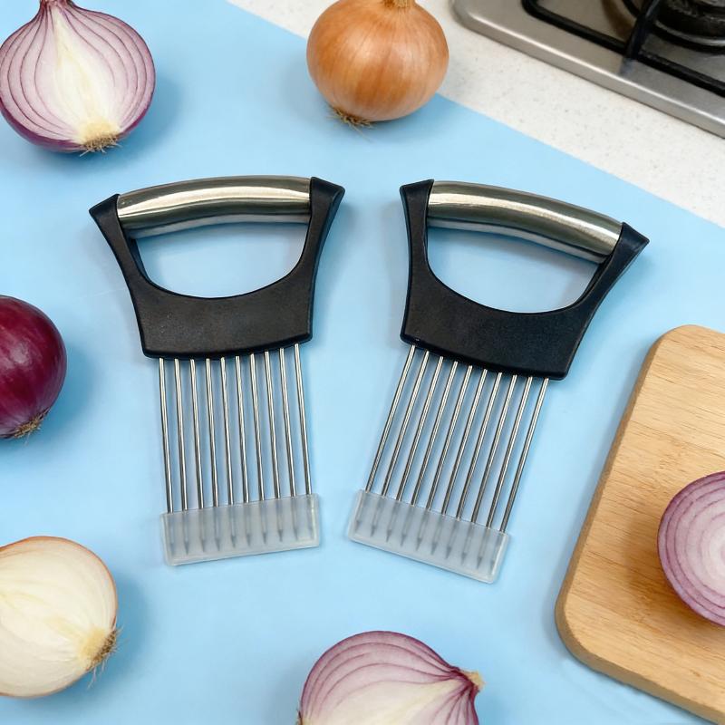 Stainless Steel Onion Cutter Holder Food Slicers Assistant Tomato Onion Slicer Holder Vegetables Cutting Fork Kitchen Gadgets