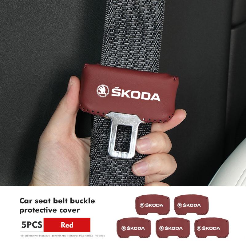 VIJT4 Car Seat Belt Buckle Cover Leather Protector Anti-collision Case For Skoda Kodiaq Octavia 2 3 Rapid Karoq Fabia Kamiq Superb