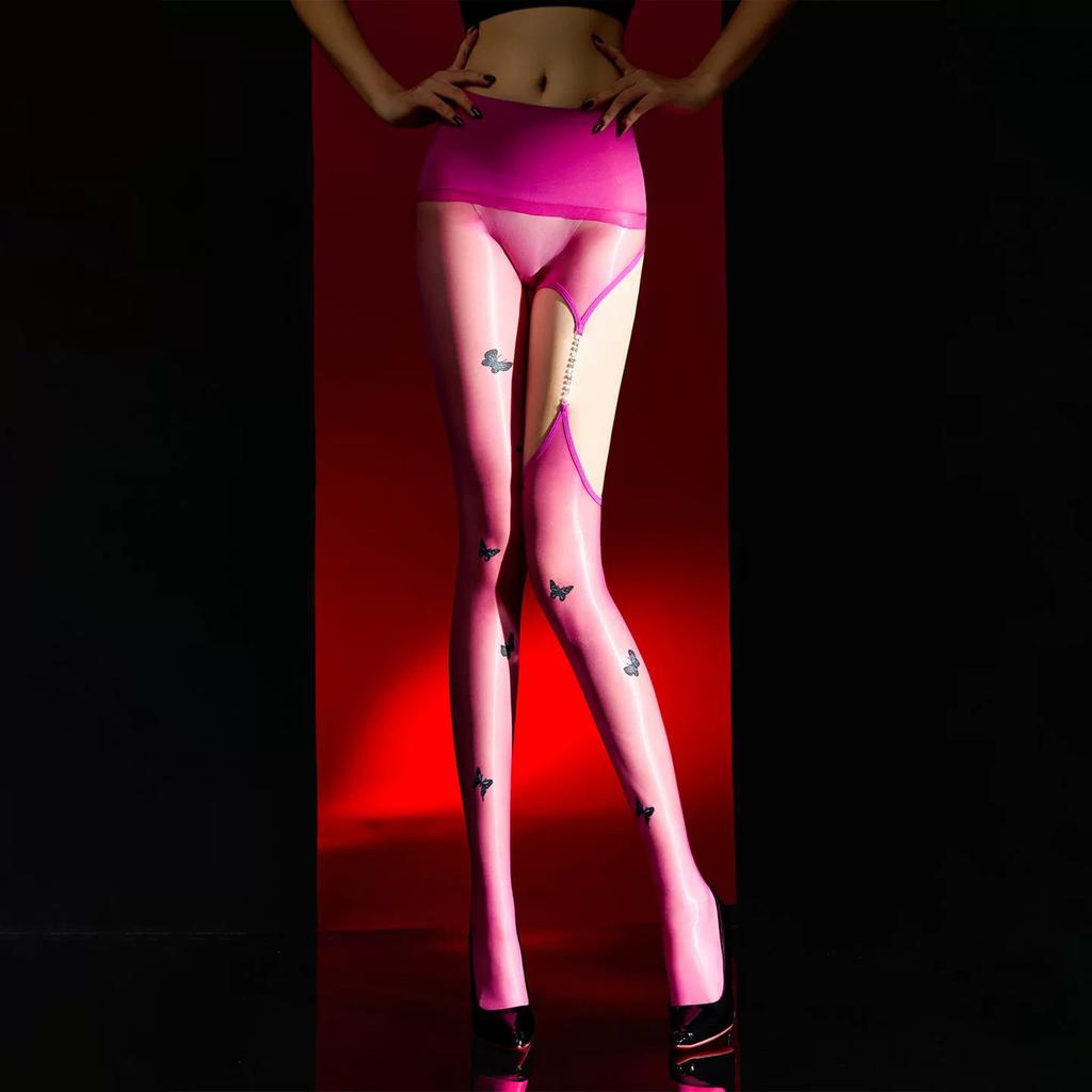 Fashion Butterfly Print Chain Stocking Panties 2 In 1 Pantyhose Sexy Seamless Crotch Oil Shiny Thing Sheer Tights Woman Lingerie