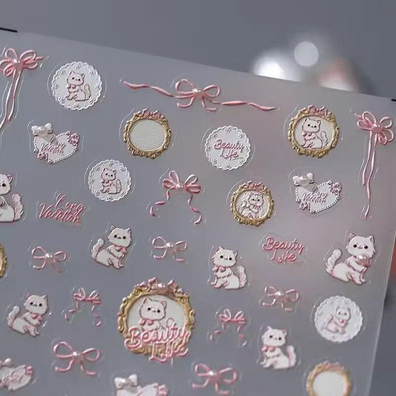 

New Grid Relief Rococo Kitten Sweet Bow Japanese Cute Cartoon Waterproof Nail Sticker T162-Pink Photo Frame Cat