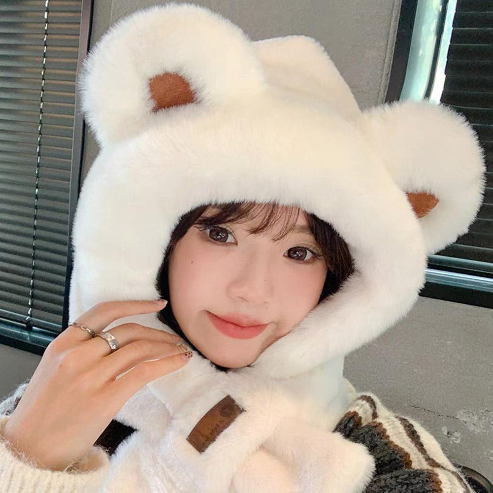 Cute Bear Plush Cap Scarf Lovely Beanie Hat Scarf Set Warm Pullover Ear Warm Protection Faux Wi J7W7