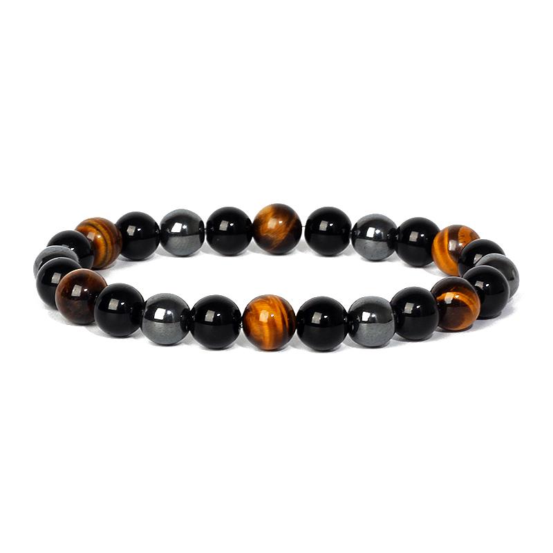 Natural Triple Protection Bracelets Women Black Obsidian Hematite Tiger Eye Beads Bracelets Men for Magnetic Soul Health Jewelry 6mm Beads&19cm-7.48inch
