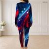 Women Plus Size Two Piece Pants Set Half Zip Long Sleeve Blue Star Printed Longline Top Fitted Pants