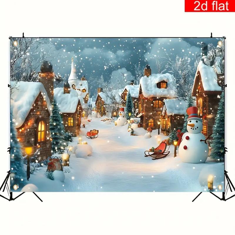 1pc 2D Flat Christmas Photo Backdrop Banner, Winter Snowy Village Pattern, No Power Required