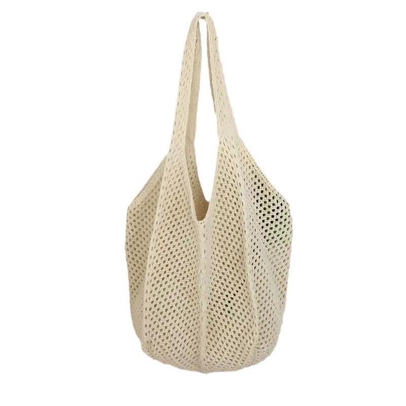 Large Capacity Ladies Vacation Beach Bucket Tote Hollow Design Travel Female Handbags Casual Simple Women Knit Shoulder Bags