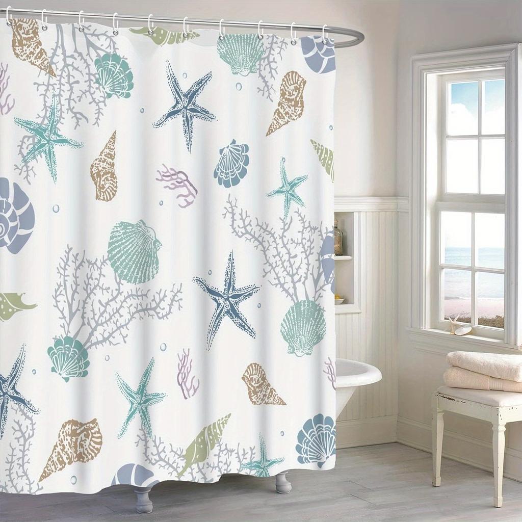 Ocean-Themed Coastal Shower Curtain - Coral, Conch & Seashell Design, Polyester Set with 12 Hooks for Bathroom Decor