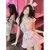 Erotic SM Mesh Sheer Pink Maid Tops Sexy Lace Suspender Bunny Girl Uniform Female Dress Elegant 2025 New Tops Korean IQI4