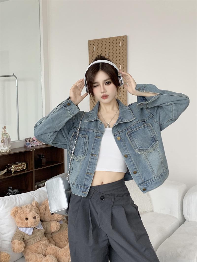 

Autumn 2025 Frayed Loose Denim Jacket - Petite Hong Kong Style Long Sleeve Women s Fashion Medium синий