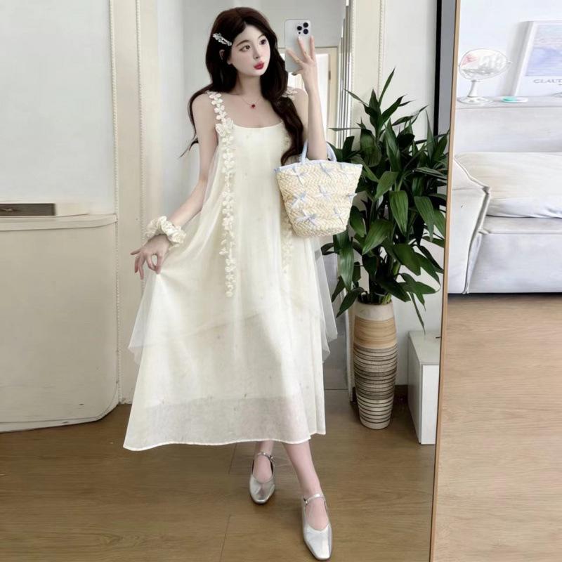 Korean-Style Mesh Strappy Summer Slimming Maternity Dress XL