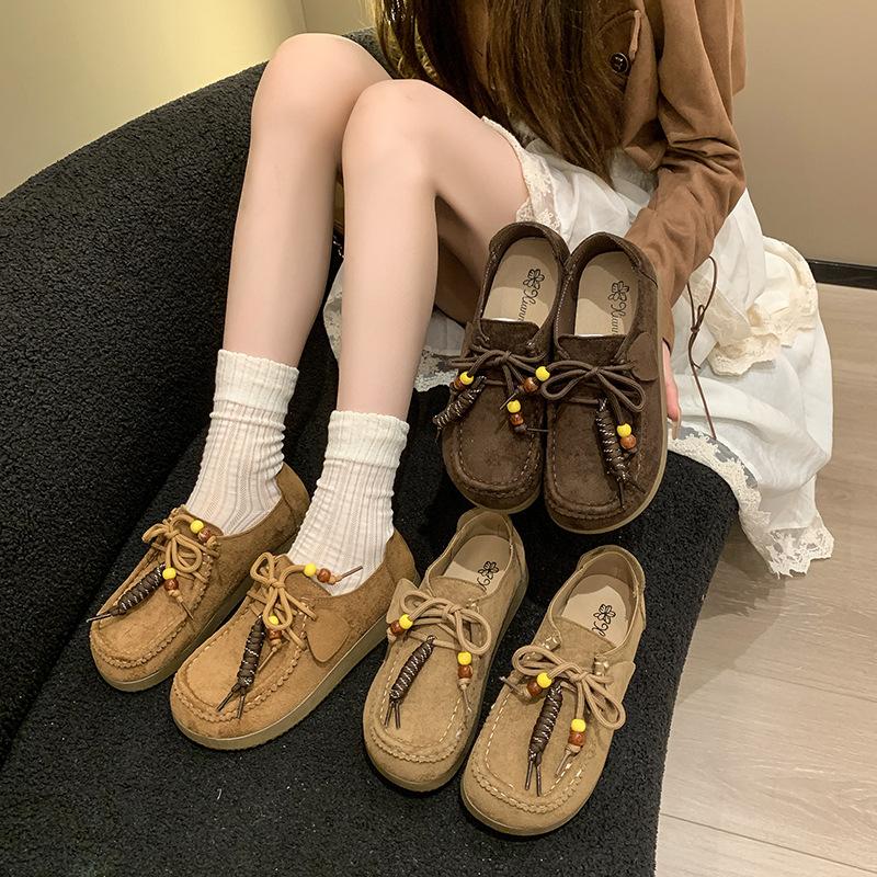 Mori retro thick-soled kangaroo shoes for women's new comfortable flat-bottomed shallow mouth showing feet, small casual loafer single shoes for women