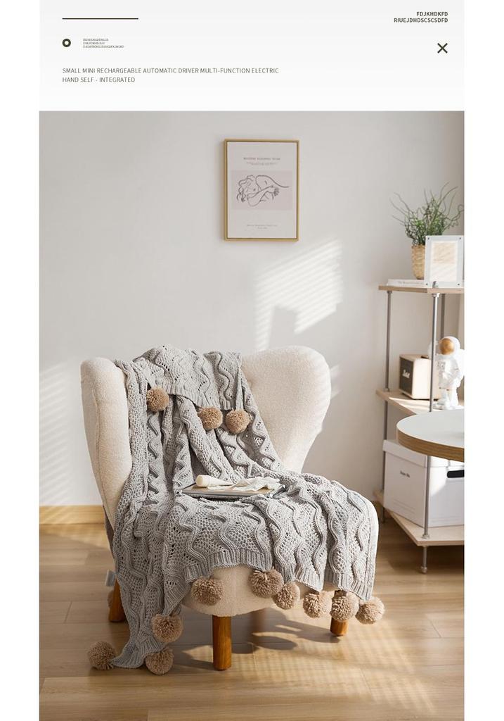 Ruijing Four Seasons Nordic Pom-Pom Chenille Knit Blanket & Cushion Set