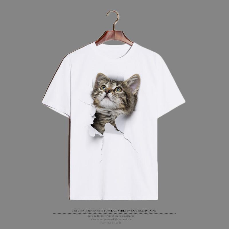 Cat Printed Oversized Loose Casual Cotton Round Neck Short Sleeved Shirt with Worn Clothes T-Shirts Women’s
