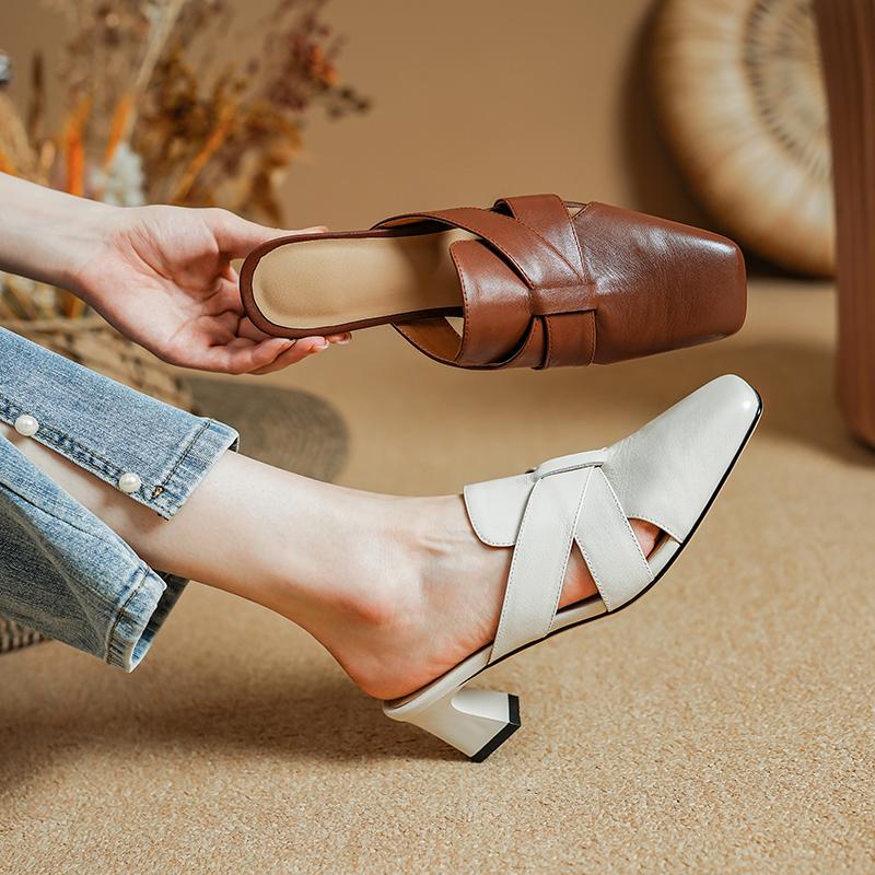 Fashion 2024 Summer Women Mules Genuine Leather Women Shoes Square Toe High Heel Slippers Cover Toe Slingback Sandals Embroidery Shoes