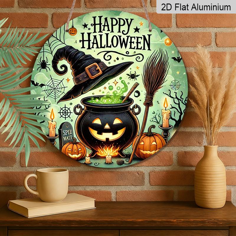 2D Flat, 1pc Happy Halloween Witch Metal Sign, Round Aluminum Decor with Spooky Cauldron, Bats and Jack-O'-Lantern- Vintage Art for Yard, Office