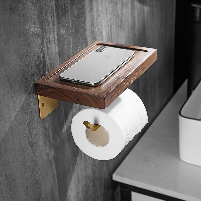 Solid Wood Bathroom Paper Towel Rack Wall Mounted Roll Paper Rack Mobile Phone Rack Bathroom Storage Rack Brushed Gold Aluminum