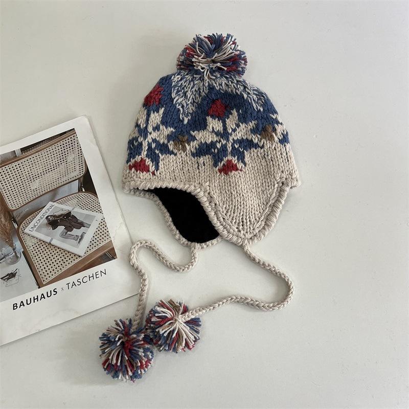 

Мори женский ручной крючок жаккардовый милый и милый помпон плюшевая теплая вязаная шапка-ушанка контрастного цвета осенне-зимняя шерстяная шапка M（56-58cm） бежевый