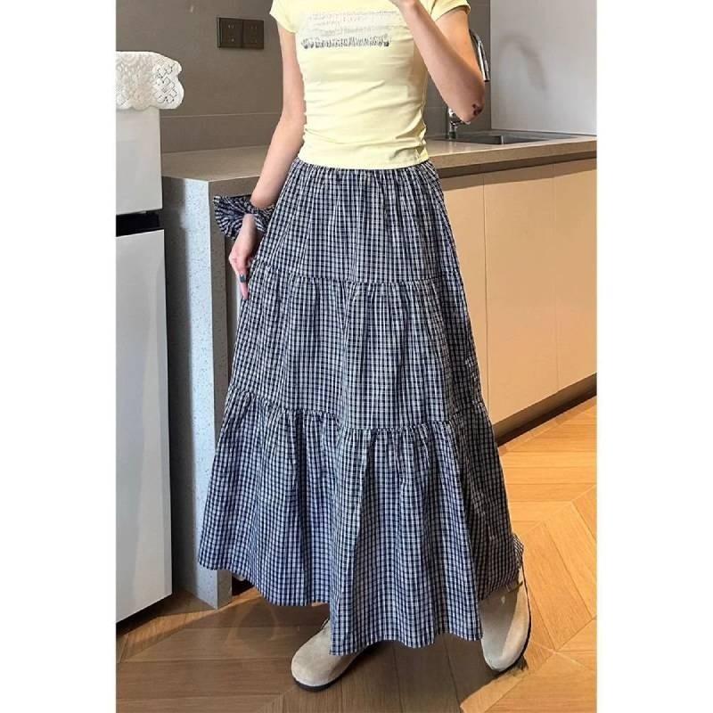 Cotton Blended Plaid Midi Skirt With High Waist And Ruffle For Casual Womens Fashion