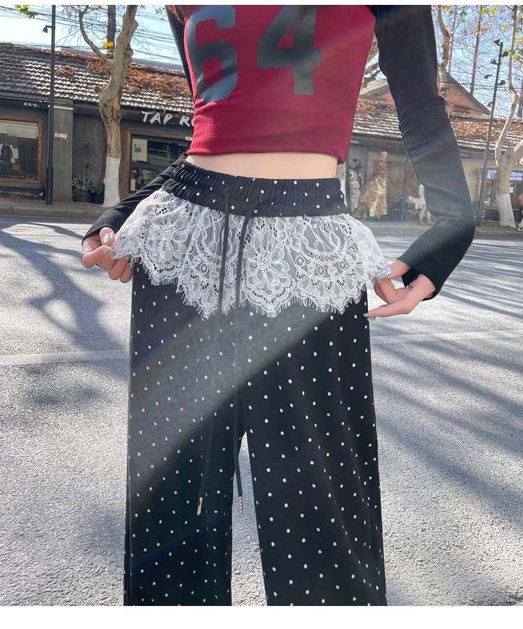 Women's Lace Patchwork Polka Dot Wide-Leg Elastic Waist Pants, Loose Fit, Floor-Length - Spring/Summer 2025 Collection