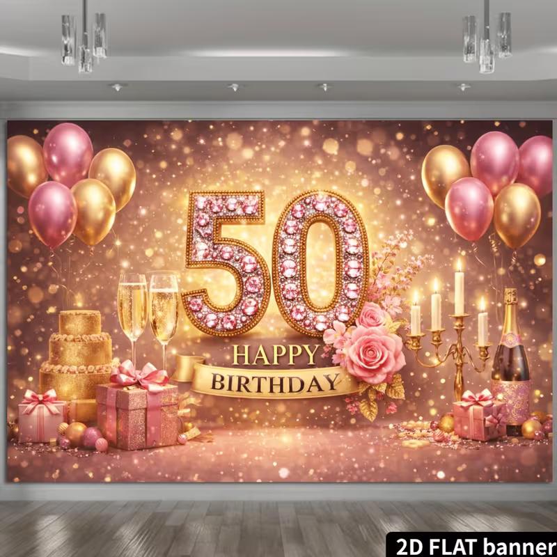 2D Pink Gold Glitter 50th Birthday Backdrop Home Party Celebration Photo Background