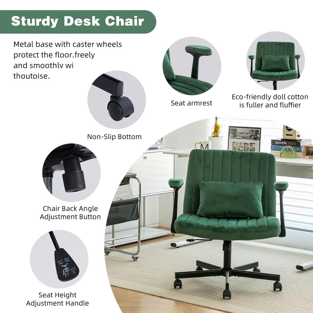 Velvet Office Chair Home Office - Height-Adjustable Swivel Chair with Foldable Armrests and Quiet Casters - Elegant Fabric Office Chair