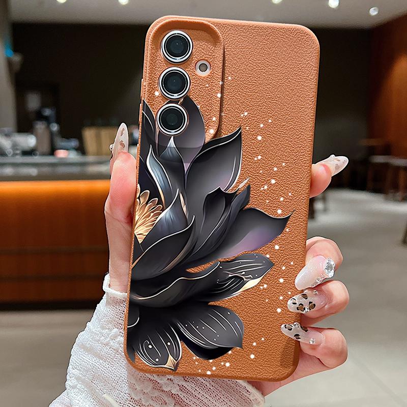 Black Lotus Pattern Case For Samsung Galaxy S24 S25 Ultra Edge S23 Plus S22 S21 FE A34 A54 A15 A35 A55 A16 A26 A36 A56 5G Capa