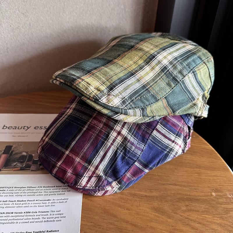 Vintage Summer Girl Lightweight Checkered Newsboy Cap With Sunshade For Casual Wear