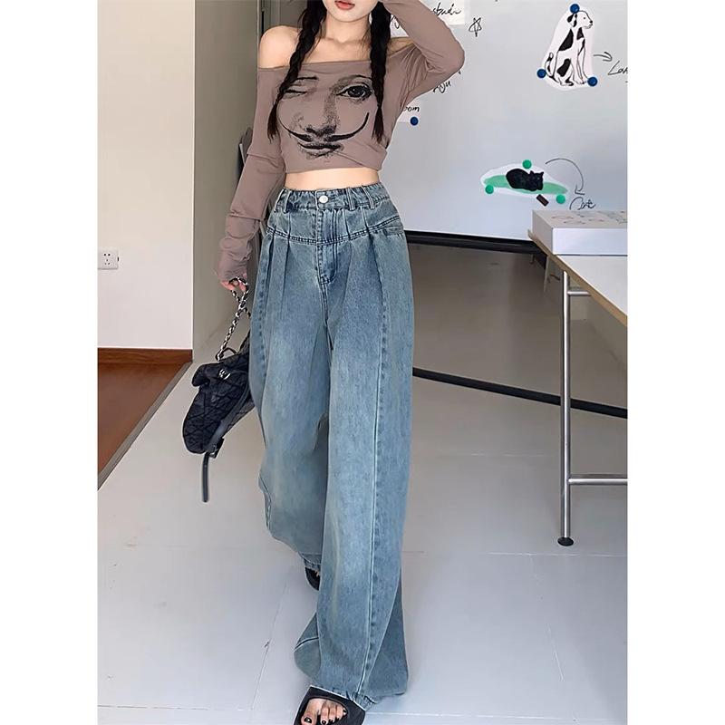 Vintage Mopping Jeans Women's Spring And Autumn Straight Loose Wide Leg Pants