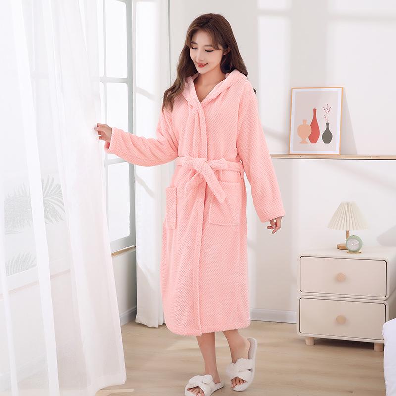Four Seasons Merbau Hooded Coral Fleece Bathrobe: Thick, Wearable Bath Towel with Cross Tie and Long Sleeves.