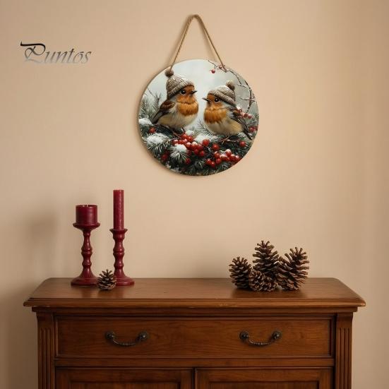 Wooden Hanging Sign for Wall Winter Bird Sign, Rustic Decorative Plaque with Animal Decor Rope, 2D Flat Art Christmas Holiday Home Door