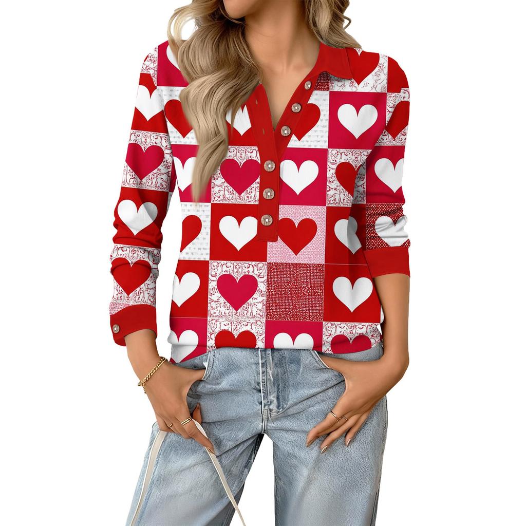 Damen Retro Street Lässiger V-Ausschnitt Langarm Knopf Valentinstag Herz Pullover Top