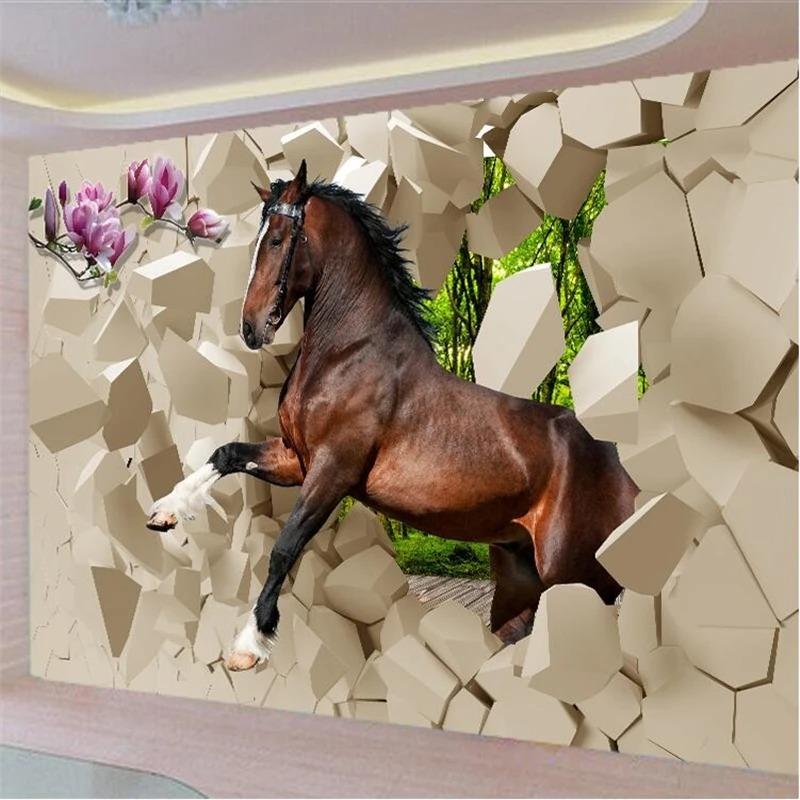 Papier Peint Photo Moderne 3d Mur de Briques Papier Peint Cheval Salon Fond TV Papier Peint Mural Pour Murs