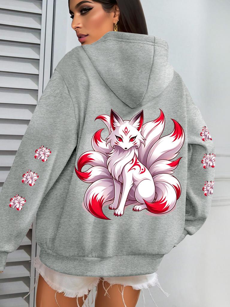 Damen Kapuzenpullover Locker Neunschwänziger Fuchs Print Hoodie Lässig Streetwear Tägliches Outfit