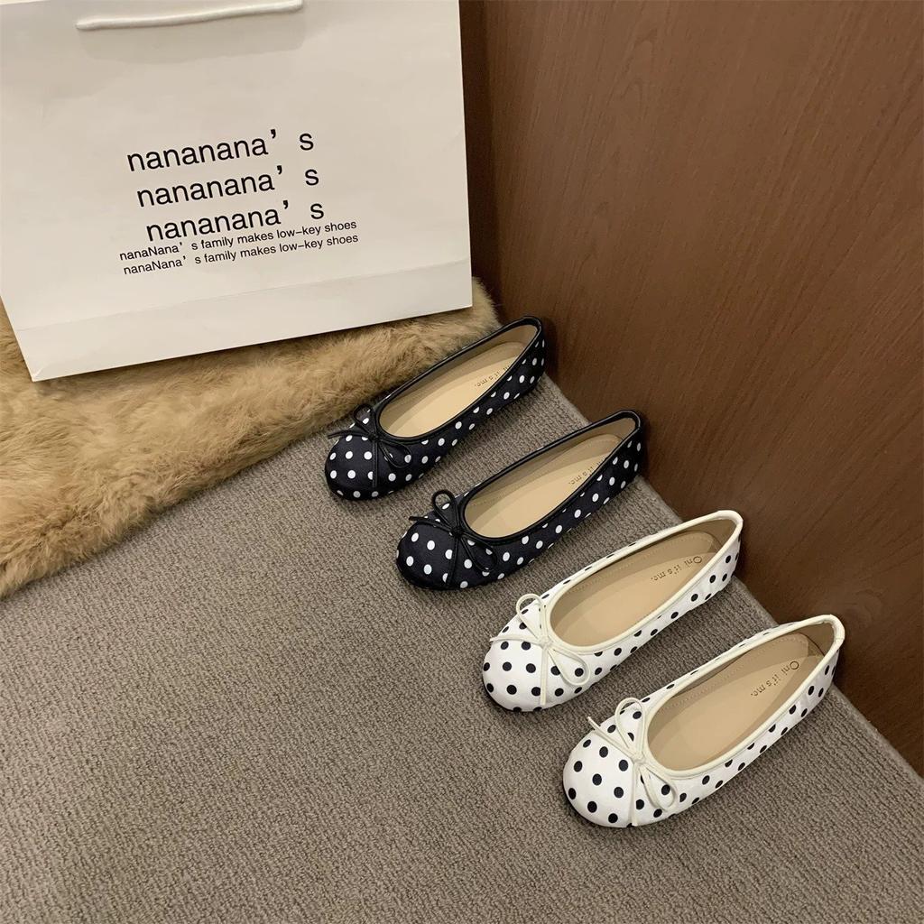 Soft-Soled French Spring Polka Dot Mary Jane Single Shoes Women'S One-Pedal Ballet Shoes Bow Flat Bottom