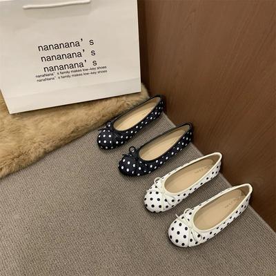 Weichsohlige Französische Frühlingspolka-Dot Mary Jane Einzelne Schuhe Damen Ein-Pedal Ballett-Schuhe Schleife Flacher Boden