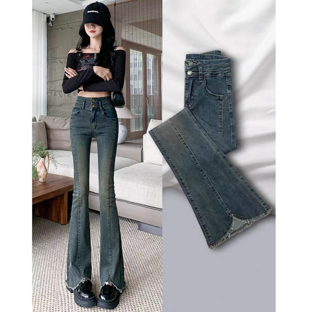 Jean micro-pull tendance personnalisé à double bouton nouveau printemps et automne bord brut ample micro-évasé fer à cheval