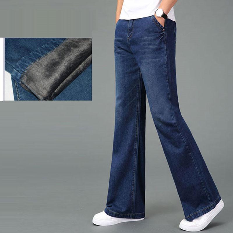 Jeans Men Winter Thick Warm Loose Wide-Leg Pants Men's Mid-Waist Slightly Raised Denim Pants