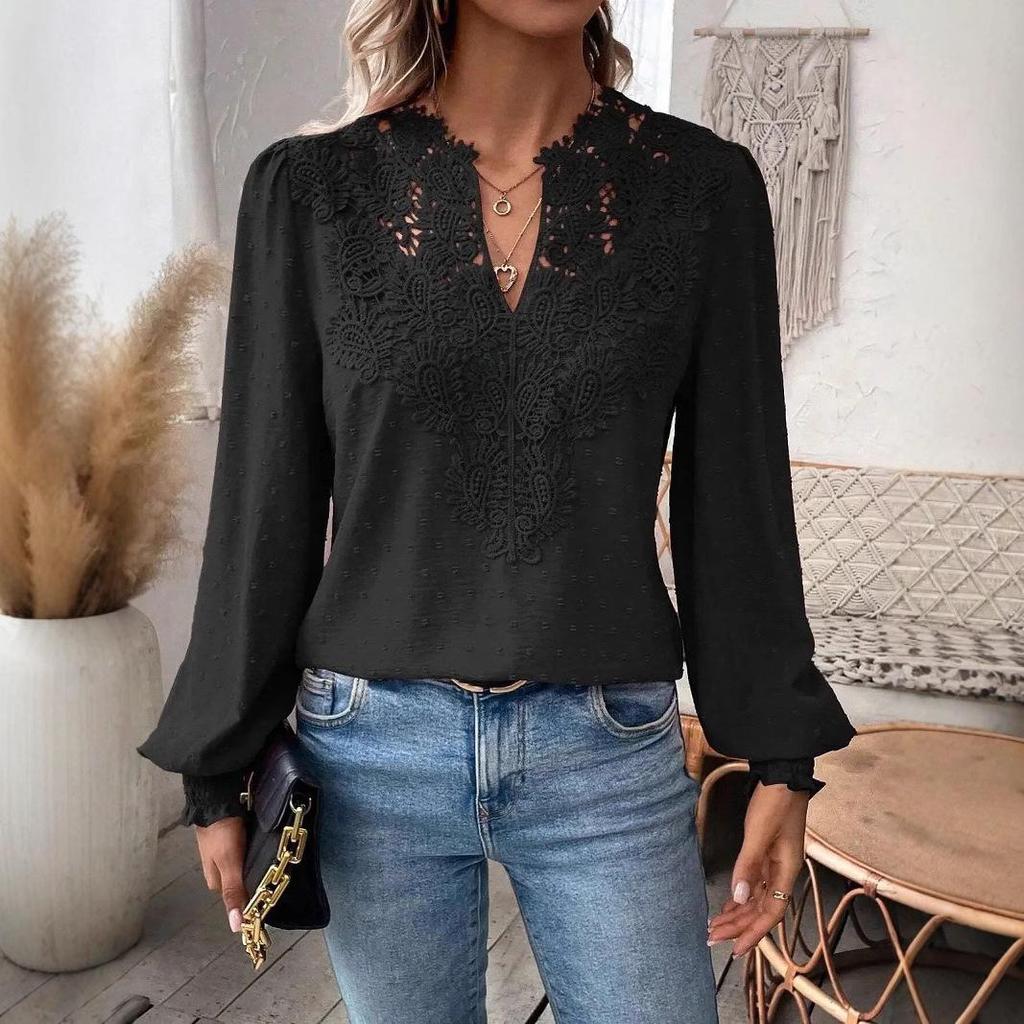 2024 Women's V-Neck Lace Solid Color Long-Sleeve Casual Top for Autumn and Winter.