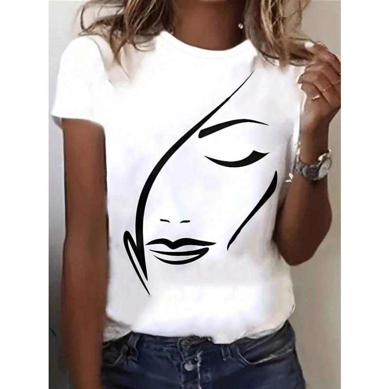 Summer Round Neck 3D Facial Depiction Pattern Print Top Fashionable Casual Short Sleeved Women's T-shirts