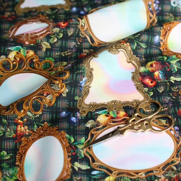 ST1095 Mirror and Fruit Check Modern Sheeting Made In Size 22SU X Nora. Fabric, Cotton, Japan, Green, Pre-cut, (110cm 100cm)