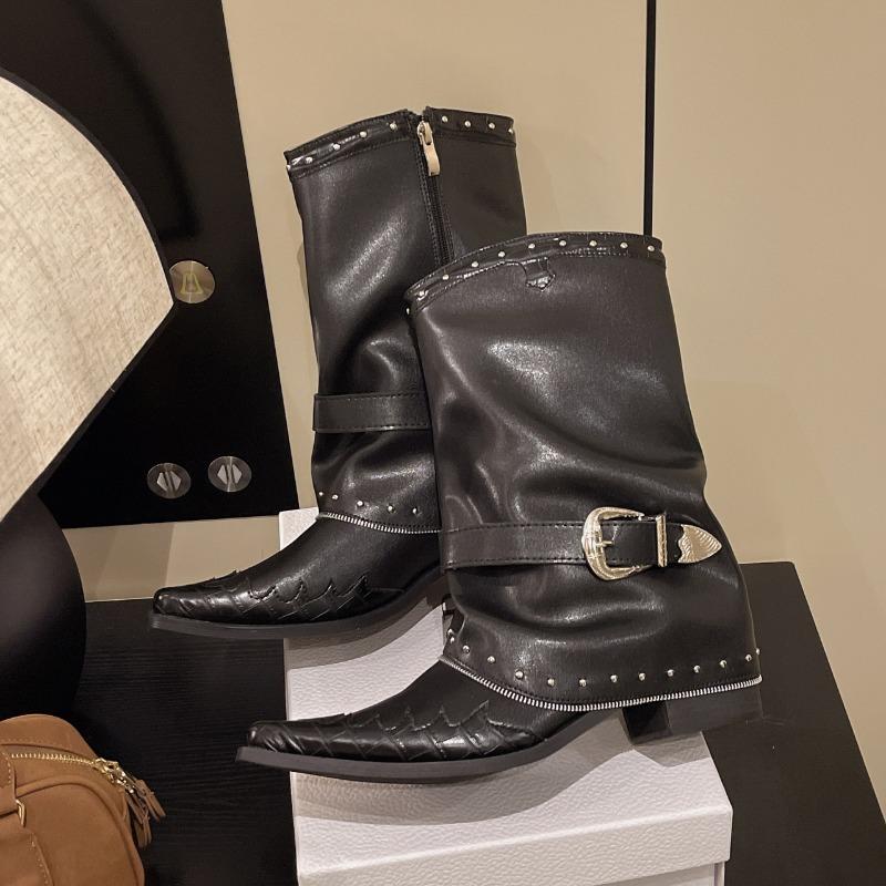 2025 New Leather Western Ankle Boots Buckle Strap Detail Pointed Toe Square Heel Vintage Fashion Footwear Casual Boots