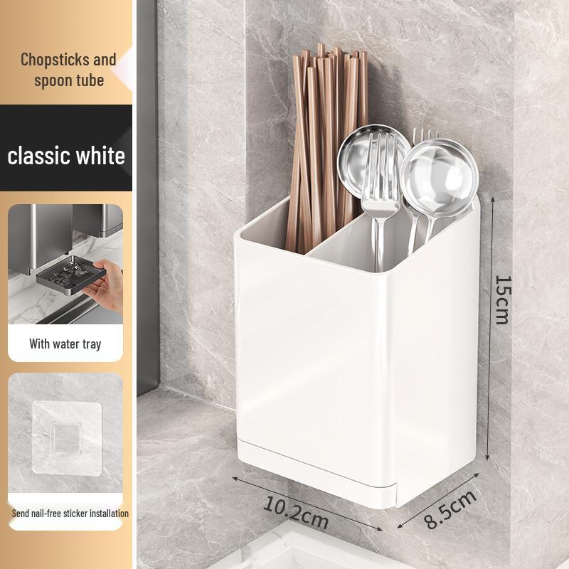 Wall-Mounted Punch-Free Kitchen Drain Rack for Chopsticks and Utensils